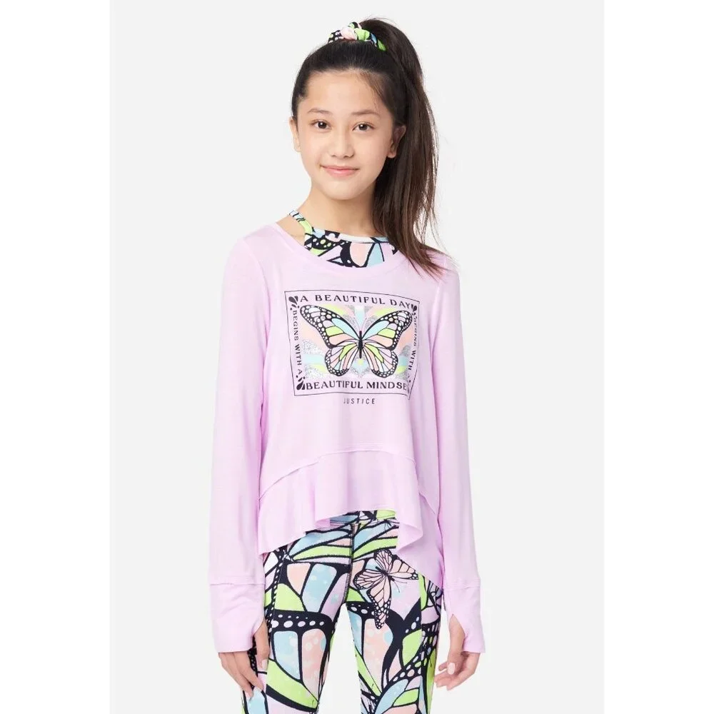 Justice Girls Collection X Long Sleeve 2-Fer Swing‎ w/ hair tie Shirt 12-14 NWT